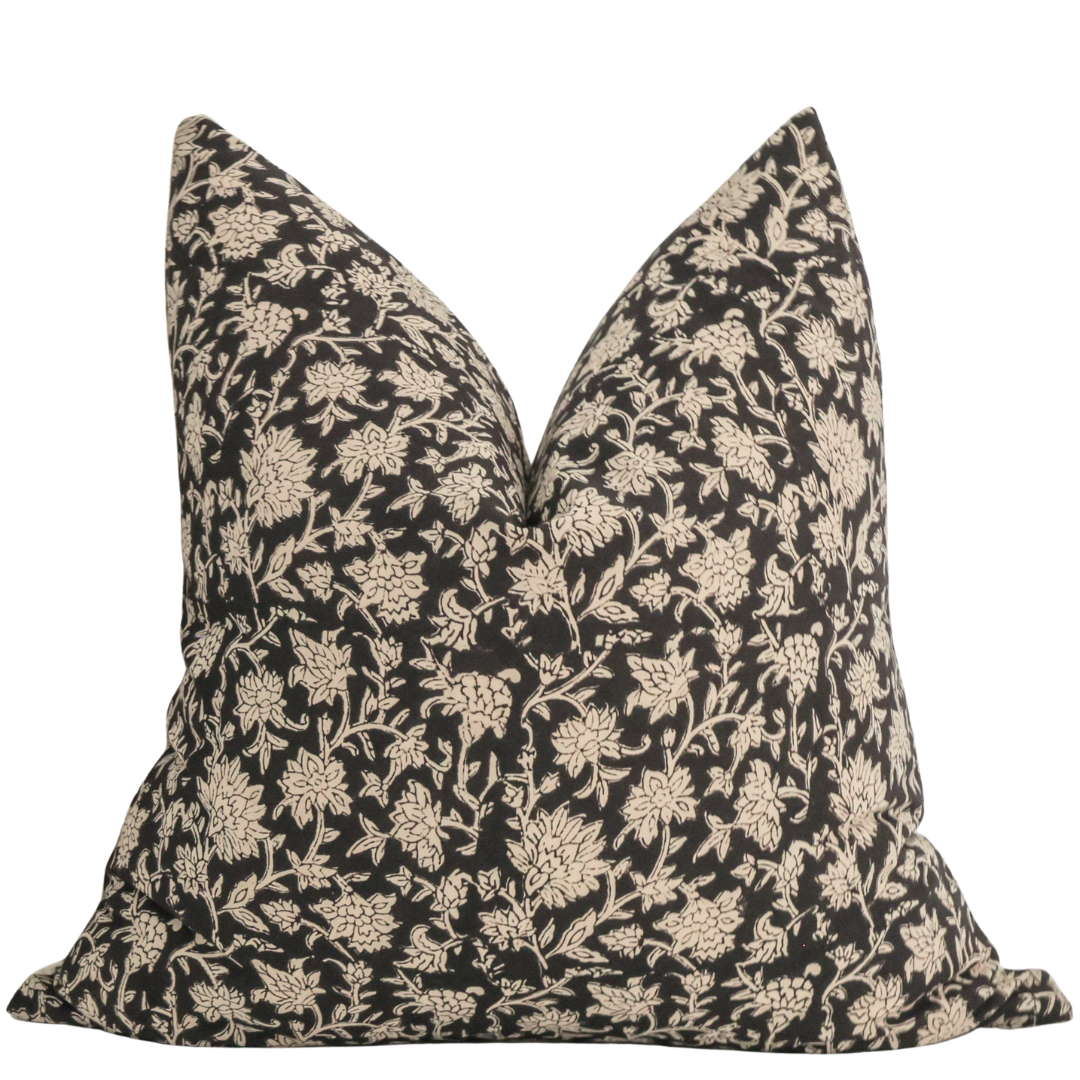 Black Floral Block Print Pillow Cover