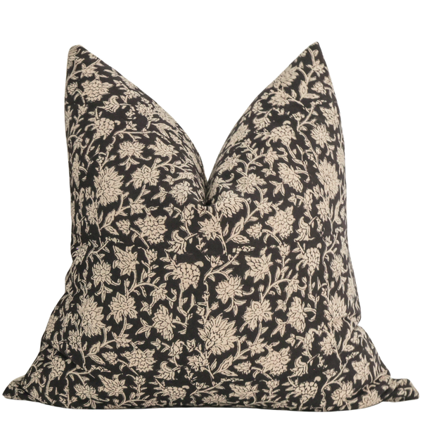 Black Floral Block Print Pillow Cover