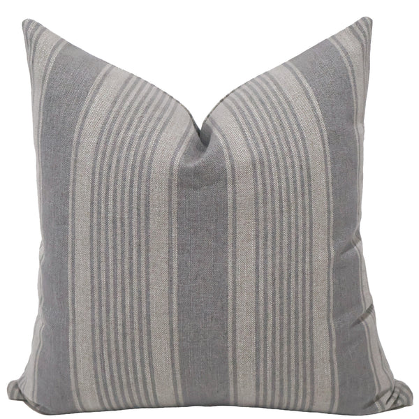Blue Heron Stripe Pillow Cover featuring woven blue-gray stripes on a natural linen-look fabric with classic grain sack inspired styling for coastal and luxury interiors.