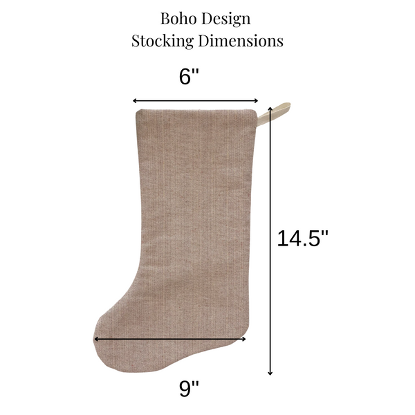 Boho Christmas Stocking size guide showing the stocking’s length and width.