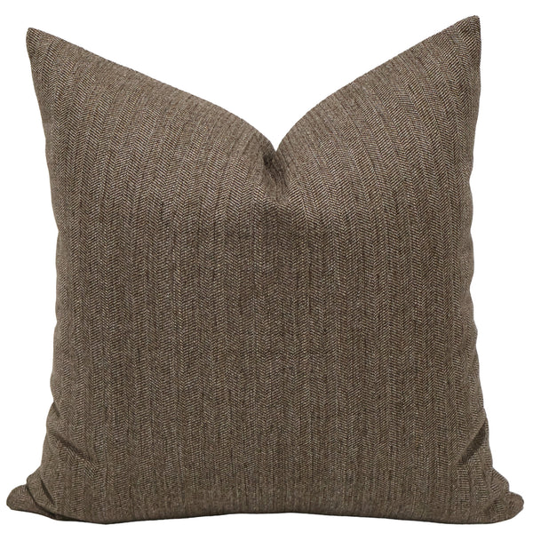 Brown Jumper pillow cover in rich brown herringbone indoor performance upholstery fabric, handmade by Hackner Home for organic modern and rustic luxury interiors.
