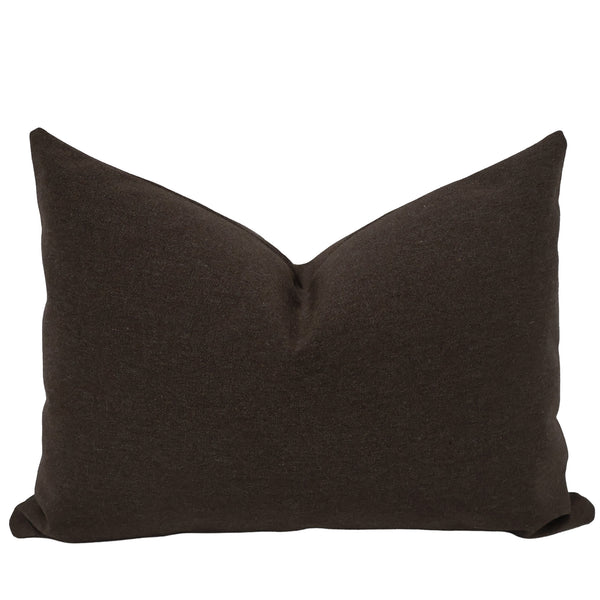 Burnt Walnut Lumbar Pillow Cover in rich brown Sunbrella® indoor/outdoor performance fabric featuring subtle woven flecks of ivory, blue, red, and black, handmade by Hackner Home. 