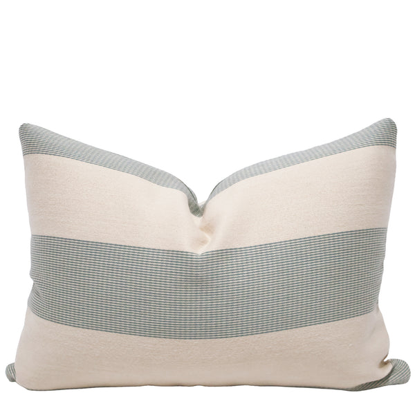 Cape Stripe Seafoam indoor outdoor lumbar pillow cover handcrafted from genuine Sunbrella performance fabric featuring wide ivory and seafoam blue-green stripes, luxury coastal decorative throw pillow for patios, porches, beach homes, and designer interiors.