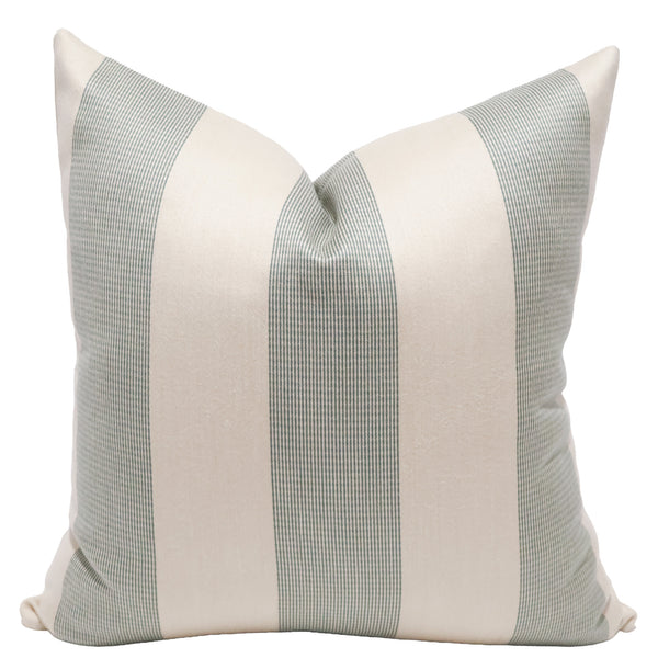 Cape Stripe Seafoam indoor outdoor pillow cover handcrafted from genuine Sunbrella performance fabric featuring wide ivory and seafoam blue-green stripes, luxury coastal decorative throw pillow for patios, porches, beach homes, and designer interiors.