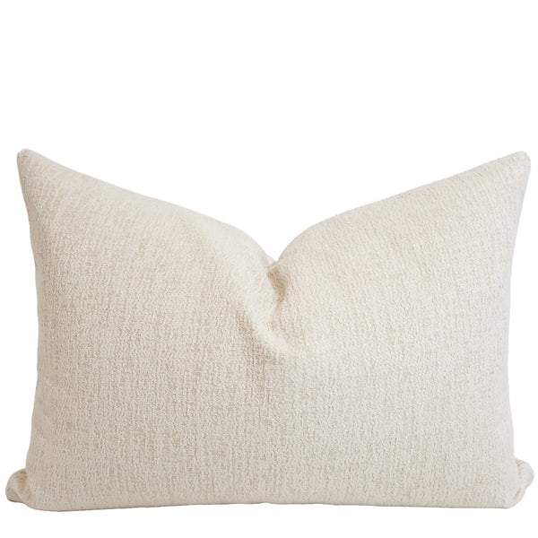 Chalkstone Weave Indoor/Outdoor Lumbar Pillow Cover in warm ivory textured performance fabric, luxury woven decorative throw pillow cover handmade by Hackner Home for modern coastal, organic, transitional, and outdoor living spaces.