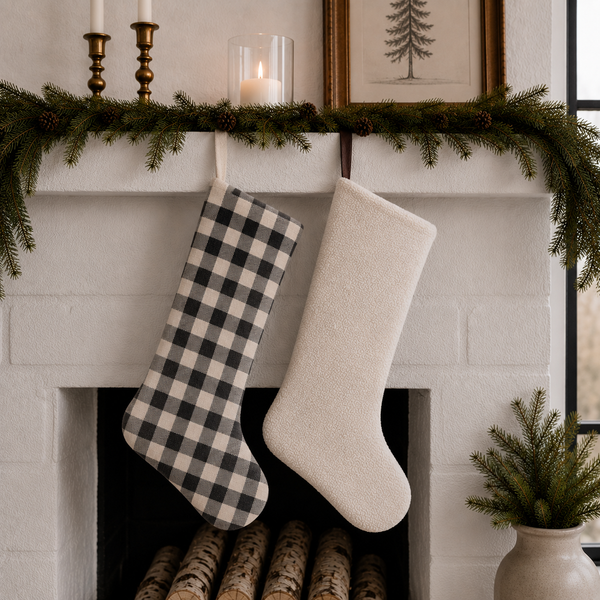 Buffalo Winter Christmas Stocking Set of Two featuring one creamy white textured designer stocking with a leather hanging loop and one warm cream buffalo check stocking with a cotton twill hanging loop, handcrafted for a luxury holiday mantel display.