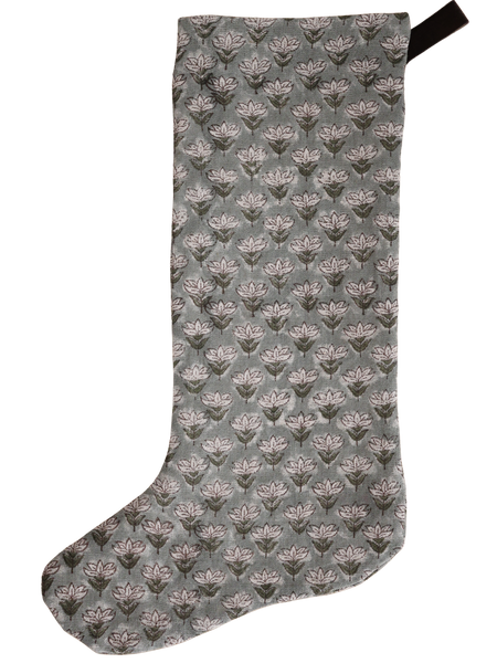 Muted Blue Floral Block Print Christmas Stocking | Large Minimal Design