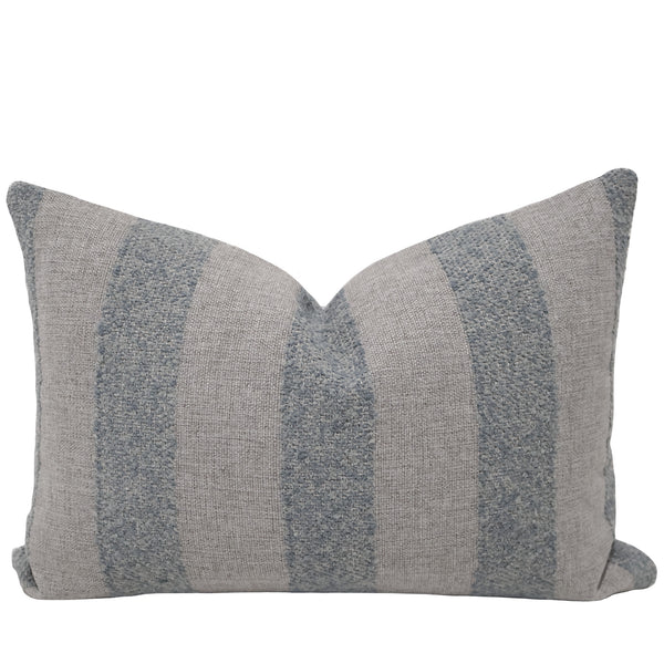 Coastal Grove Indoor/Outdoor Lumbar Pillow Cover featuring textured blue-gray bouclé stripes on an oatmeal performance fabric, handcrafted designer accent pillow for coastal and luxury interiors.