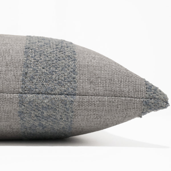 Coastal Grove Indoor/Outdoor Pillow Cover featuring textured blue-gray bouclé stripes on an oatmeal performance fabric, handcrafted designer accent pillow for coastal and luxury interiors. Side View of Pillow Cover