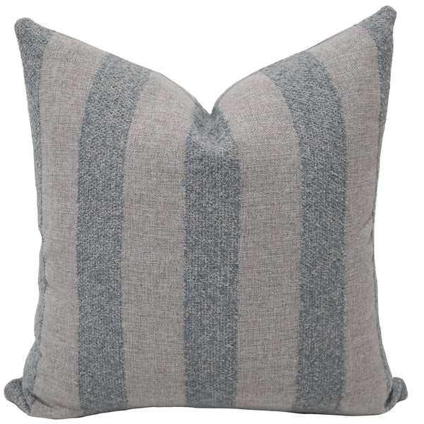 Coastal Grove Indoor/Outdoor Pillow Cover featuring textured blue-gray bouclé stripes on an oatmeal performance fabric, handcrafted designer accent pillow for coastal and luxury interiors.