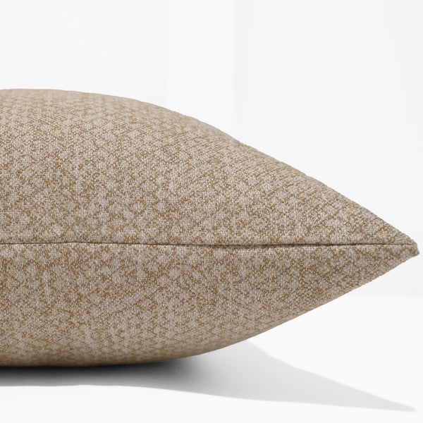 Corn Blossom Pillow Cover in warm wheat and ivory textured woven upholstery fabric, handmade by Hackner Home for modern organic, coastal, farmhouse, and luxury interiors. Side view of cushion cover.