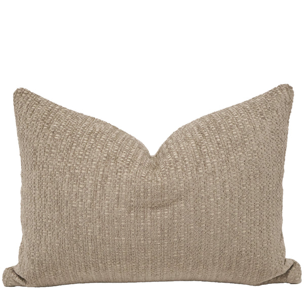 Dolomite Weave Indoor/Outdoor Lumbar Pillow Cover crafted from textured woven performance fabric in warm neutral stone-inspired tones, ideal for coastal, modern organic, and luxury outdoor living spaces.