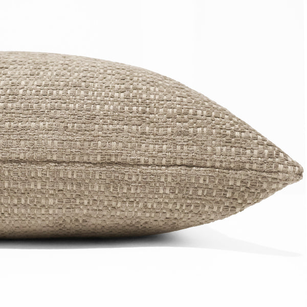 Dolomite Weave Indoor/Outdoor Pillow Cover crafted from textured woven performance fabric in warm neutral stone-inspired tones, ideal for coastal, modern organic, and luxury outdoor living spaces. Side view of Cushion Cover