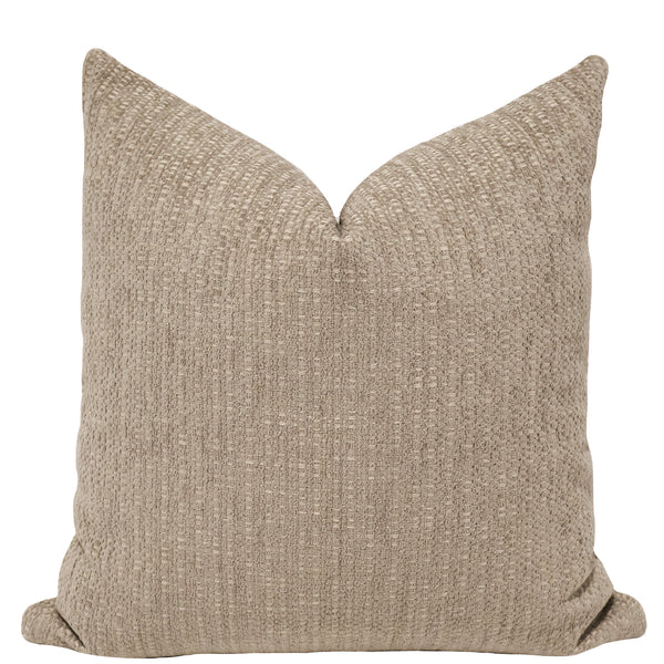 Dolomite Weave Indoor/Outdoor Pillow Cover crafted from textured woven performance fabric in warm neutral stone-inspired tones, ideal for coastal, modern organic, and luxury outdoor living spaces.