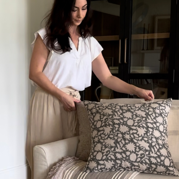 Dove Gray Floral Block Print Pillow Cover