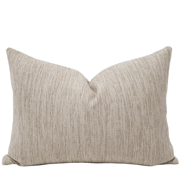 Dune Weave Lumbar Pillow Cover in oatmeal beige indoor performance fabric featuring a refined linen-inspired texture and tailored designer styling.