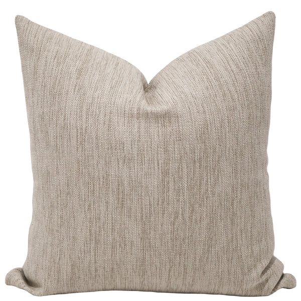 Dune Weave Pillow Cover in oatmeal beige indoor performance fabric featuring a refined linen-inspired texture and tailored designer styling.