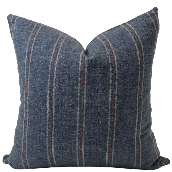 Foundry Stripe decorative pillow cover handcrafted from a premium polyester, acrylic, and linen blend upholstery fabric featuring deep indigo blue with ivory and muted brick pinstripes, luxury designer accent pillow for transitional, traditional, modern farmhouse, and contemporary interiors.