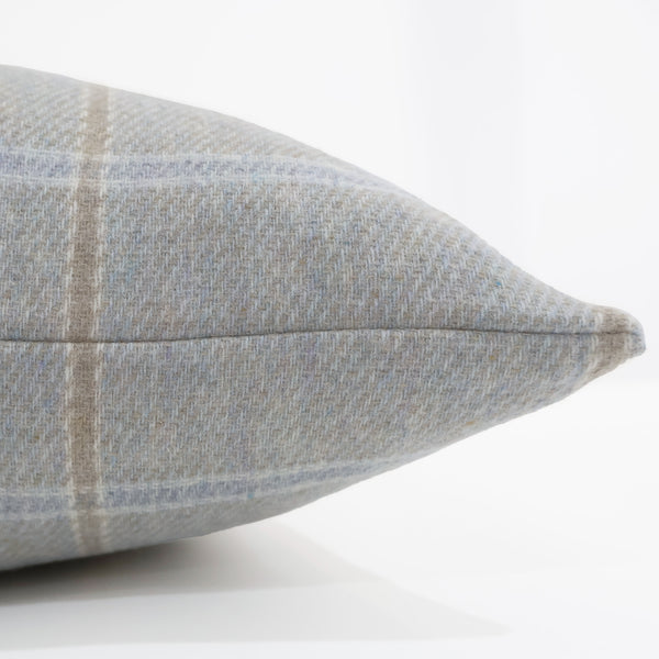 Neutral Plaid Pillow Cover, Blue Ivory Windowpane Throw Pillow, Taupe Decorative Cushion, Organic Modern Decor, Quiet Luxury Pillow, Hackner Home. Side view of cushion cover.