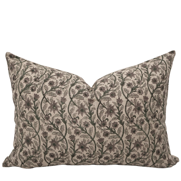 Garden Trellis Linen Lumbar Pillow Cover featuring a hand block printed botanical trellis pattern with sage green vines and muted mauve florals on natural 100% linen fabric.