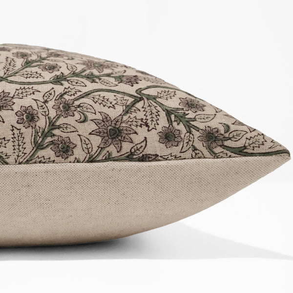 Garden Trellis Linen Pillow Cover featuring a hand block printed botanical trellis pattern with sage green vines and muted mauve florals on natural 100% linen fabric. Side View of Throw Pillow