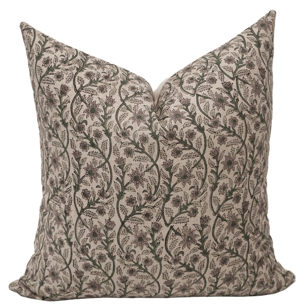 Garden Trellis Linen Pillow Cover featuring a hand block printed botanical trellis pattern with sage green vines and muted mauve florals on natural 100% linen fabric.