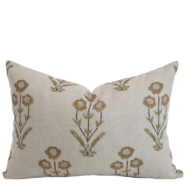 Golden Spring Botanical Lumbar Pillow Cover featuring hand block printed golden yellow and sage green floral motifs on natural 100% linen, handmade by Hackner Home. 
