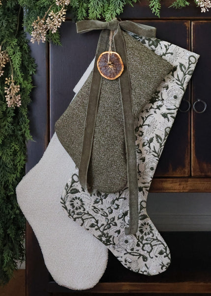 Plush Dark Olive Green Stocking | Boho Design