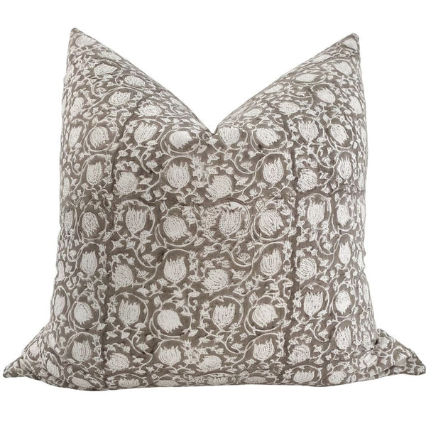 Grey Floral Block Print Pillow (Original Greige)