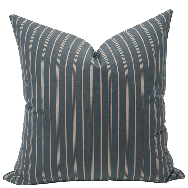 Harbor Pinstripe pillow cover in deep blue indoor upholstery fabric with ivory vertical pinstripes, handmade by Hackner Home for coastal and transitional interiors.