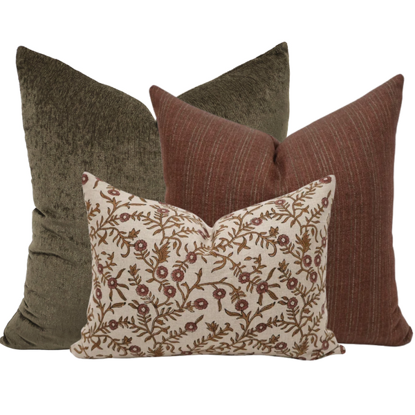 Harvest & Vine luxury handmade pillow cover set of three featuring olive green velveteen, rust textured fabric, and floral block print linen lumbar pillow by HACKNER HOME.