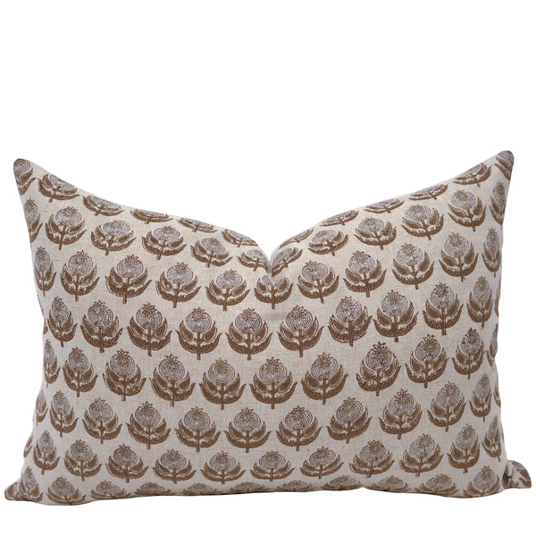 Heritage Bloom Block Print Linen Lumbar Pillow Cover featuring a hand block printed camel botanical floral motif on natural 100% linen for traditional, cottage, and luxury interiors.