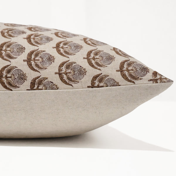 Heritage Bloom Block Print Linen Pillow Cover featuring a hand block printed camel botanical floral motif on natural 100% linen for traditional, cottage, and luxury interiors. Side view of cushion cover.