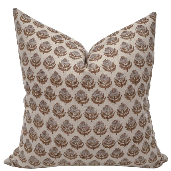 Heritage Bloom Block Print Linen Pillow Cover featuring a hand block printed camel botanical floral motif on natural 100% linen for traditional, cottage, and luxury interiors.