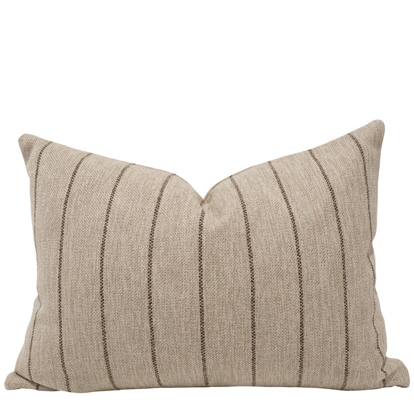 Heritage Stripe Brown decorative pillow cover in premium woven performance fabric featuring classic brown pinstripes on a warm flax background, luxury handmade throw pillow cover by Hackner Home for coastal, farmhouse, transitional, and organic modern interiors.