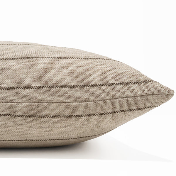 Heritage Stripe Brown decorative pillow cover in premium woven performance fabric featuring classic brown pinstripes on a warm flax background, luxury handmade throw pillow cover by Hackner Home for coastal, farmhouse, transitional, and organic modern interiors.