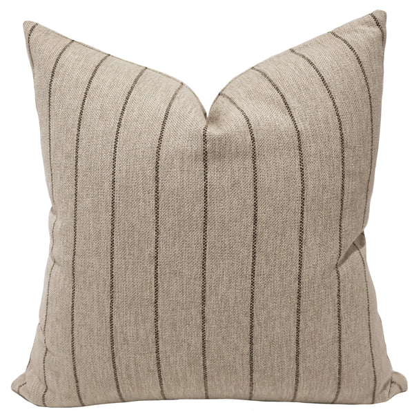 Heritage Stripe Brown decorative pillow cover in premium woven performance fabric featuring classic brown pinstripes on a warm flax background, luxury handmade throw pillow cover by Hackner Home for coastal, farmhouse, transitional, and organic modern interiors.
