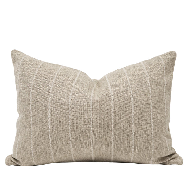 Heritage Stripe Ivory decorative lumbar pillow cover in premium woven performance fabric with subtle ivory pinstripes, luxury handmade neutral throw pillow cover by Hackner Home for coastal, organic modern, farmhouse, transitional, and traditional home décor.