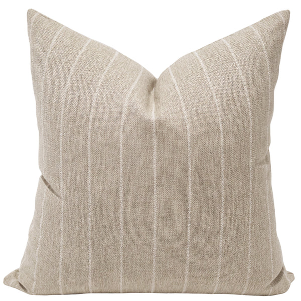 Heritage Stripe Ivory decorative pillow cover in premium woven performance fabric with subtle ivory pinstripes, luxury handmade neutral throw pillow cover by Hackner Home for coastal, organic modern, farmhouse, transitional, and traditional home décor.