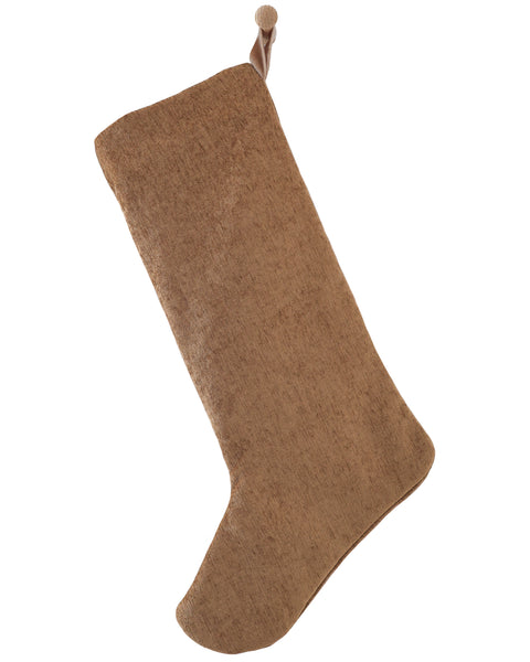 Praline Textured Large Minimal Christmas Stocking in warm caramel slub weave with a champagne velvet hanging hook.