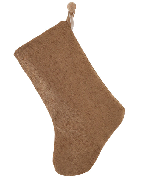 Boho Design caramel textured Christmas stocking with a rounded foot and a sand velvet hanging loop, shown on a white background