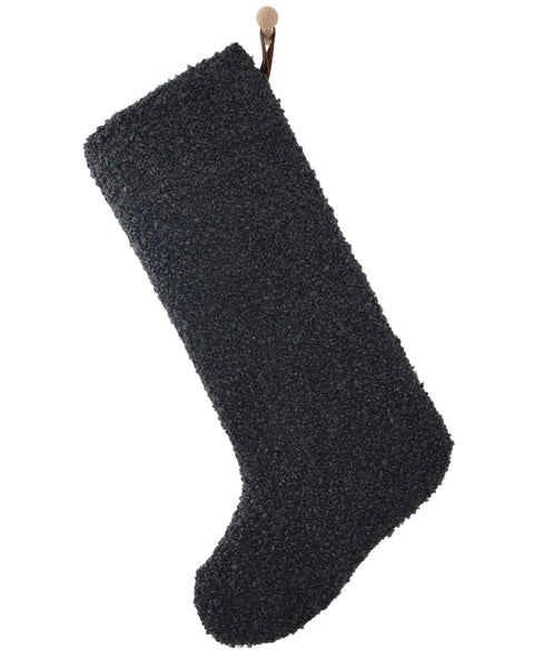 Large Design charcoal boucle Christmas stocking with a long leg and a dark brown hanging loop, shown on a white background