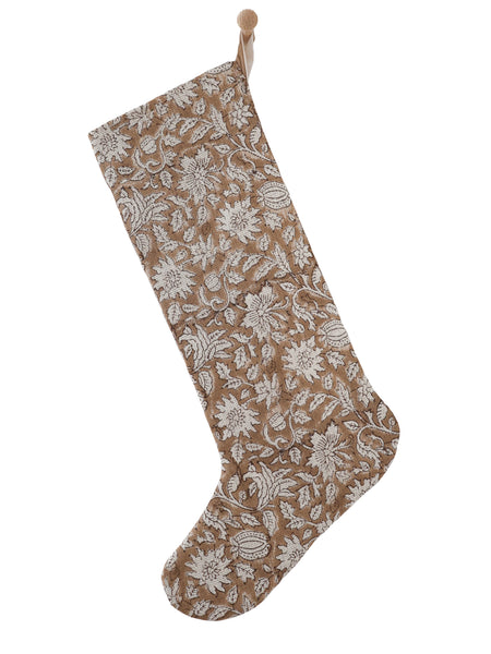 Large Design linen block print Christmas stocking with a long leg, cream floral pattern on warm brown and a sand velvet hanging loop, shown on a white background