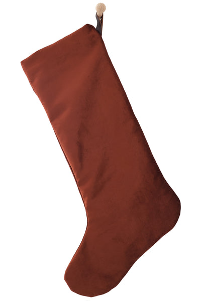 Large Minimal Design rust-terracotta velvet Christmas stocking with a clean straight cuff-free shape and dark brown hanging strap, shown on a white background
