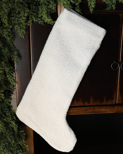 Warm white textured Christmas stocking handmade in the USA from designer fabric by HACKNER HOME