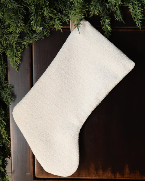 Warm white textured Christmas stocking handmade in the USA from designer fabric by HACKNER HOME