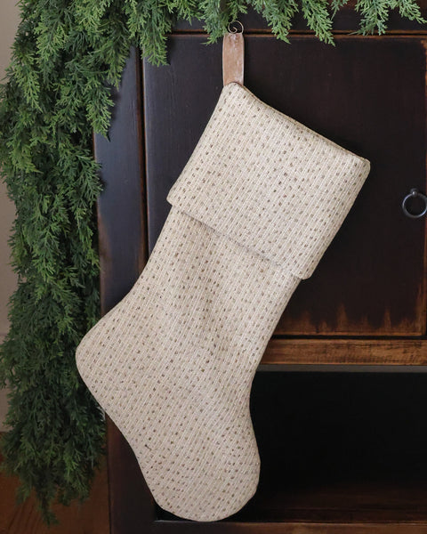 Ivory textured Heritage Christmas stocking with traditional folded cuff, handmade in the USA from designer woven fabric by HACKNER HOME.