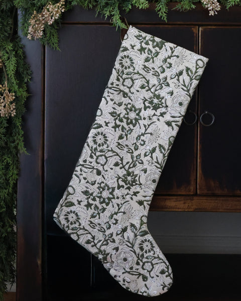 Handmade forest green floral Christmas stocking crafted from 100% hand block printed linen by HACKNER HOME, made in the USA.