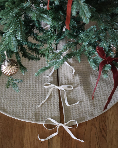 Natural textured linen blend Christmas tree skirt handmade in the USA by HACKNER HOM