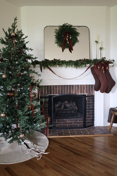 Natural textured linen blend Christmas tree skirt handmade in the USA by HACKNER HOM